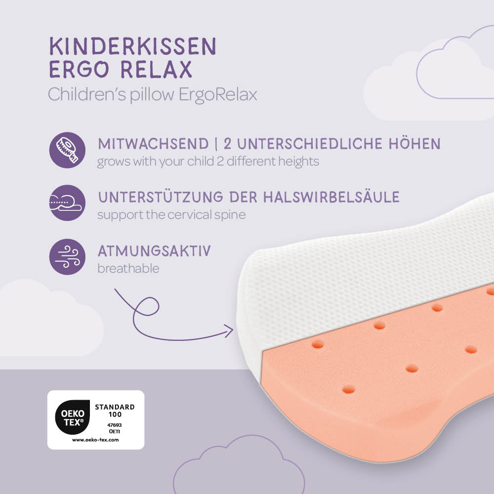 Träumeland Kinderkissen ErgoRelax – Skizze mit Maßen
